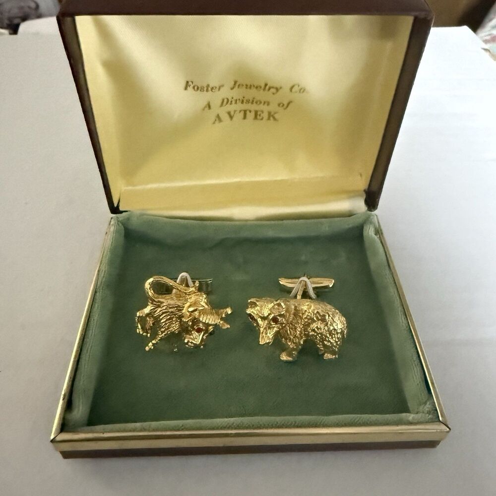Vtg Foster Jewelry NYSE Bull & Bear Gold-Plated Cufflinks Wall Street Finance